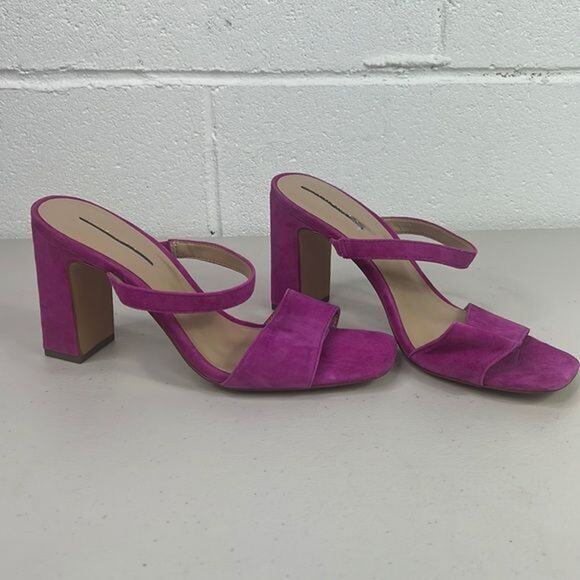 New Ann Taylor Suede Two Strap Block Heel Sandals Fuchsia Sz 7 Heels bright open - Picture 2 of 5